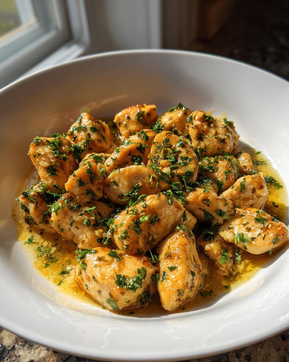 Golden brown garlic butter chicken bites generously topped with fresh parsley in a white serving bowl.