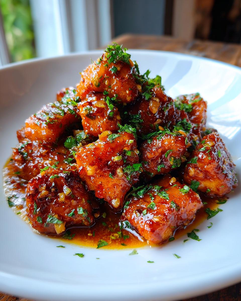 A close-up of glossy, saucy garlic butter chicken bites piled high and topped with fresh chopped parsley.