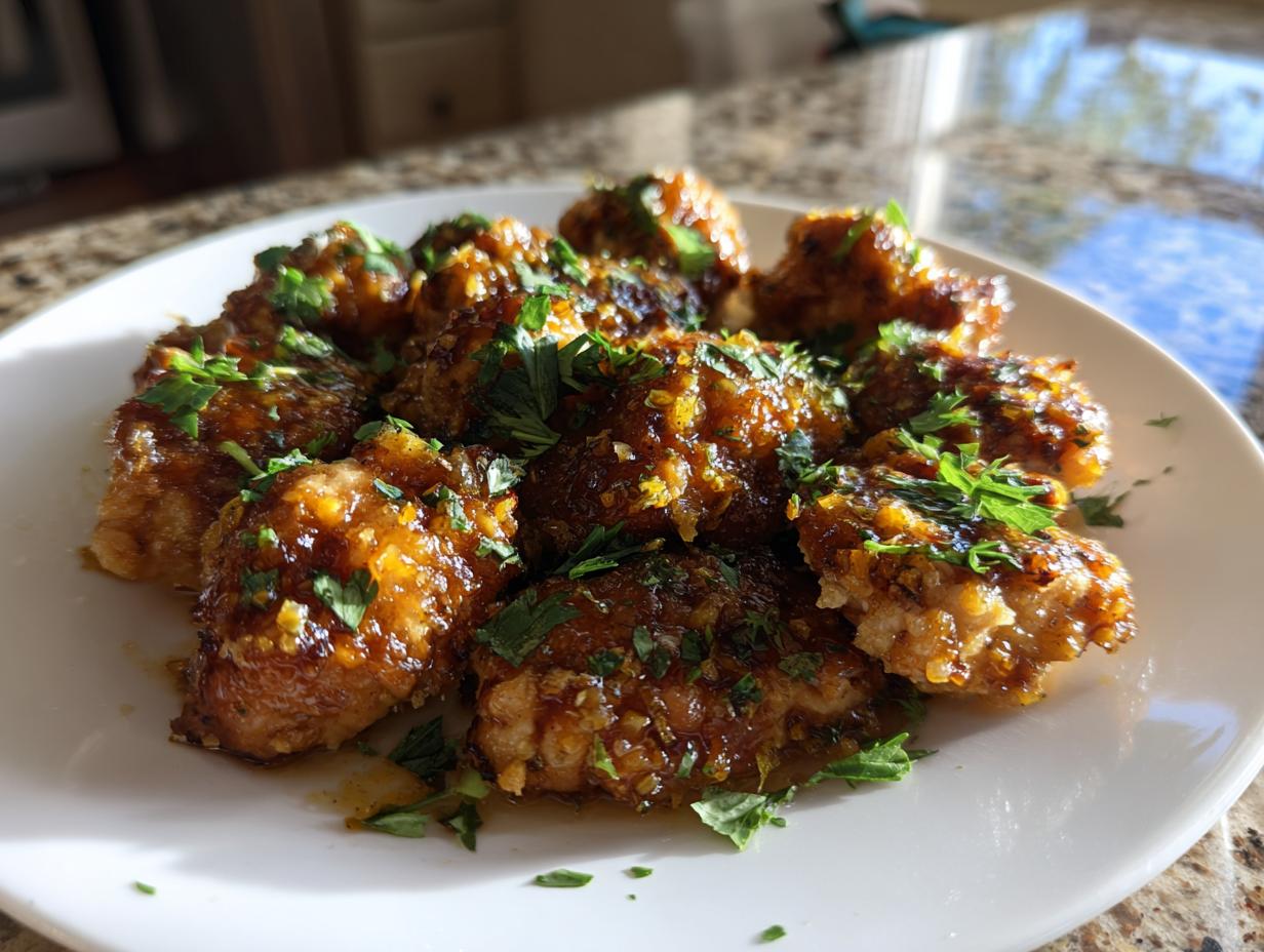 A plate of glistening, glazed garlic butter chicken bites topped with fresh chopped parsley.