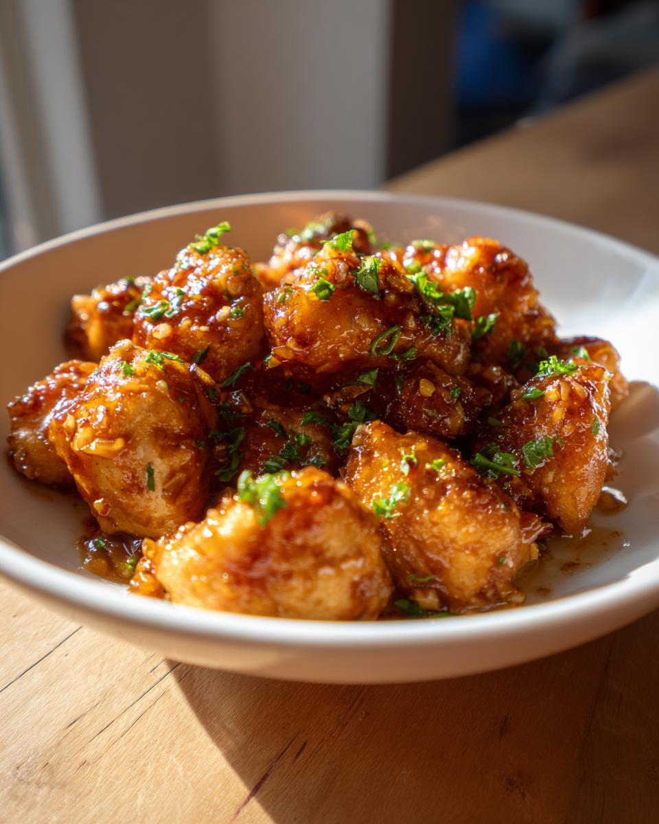 Close-up of glistening, saucy garlic butter chicken bites topped with fresh parsley in a white bowl.