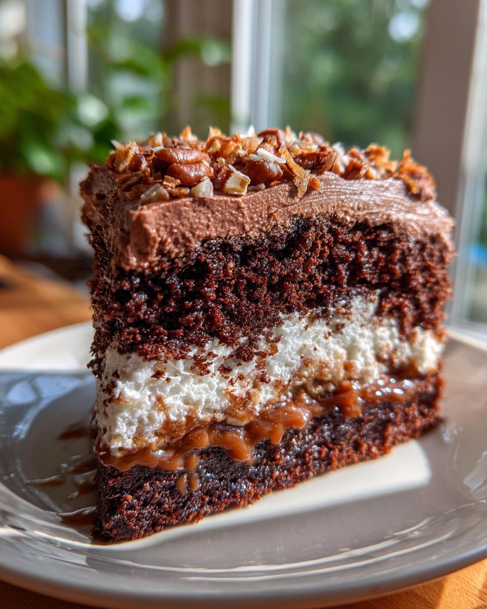 A decadent slice of german chocolate poke cake showing layers of dark chocolate cake, white filling, and dripping caramel.