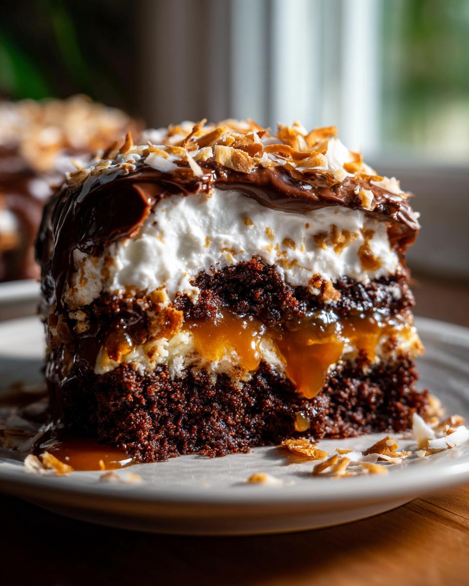 Close-up of a slice of german chocolate poke cake showing moist chocolate layers, caramel filling, and toasted coconut topping.