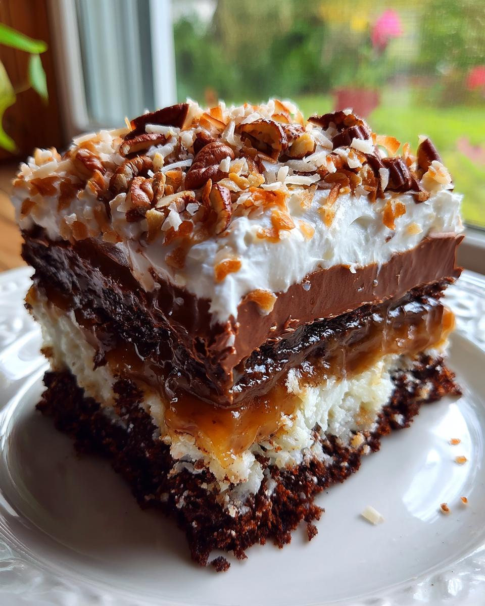 A tall slice of german chocolate poke cake showing layers of chocolate cake, coconut filling, caramel, chocolate pudding, and whipped topping with pecans.