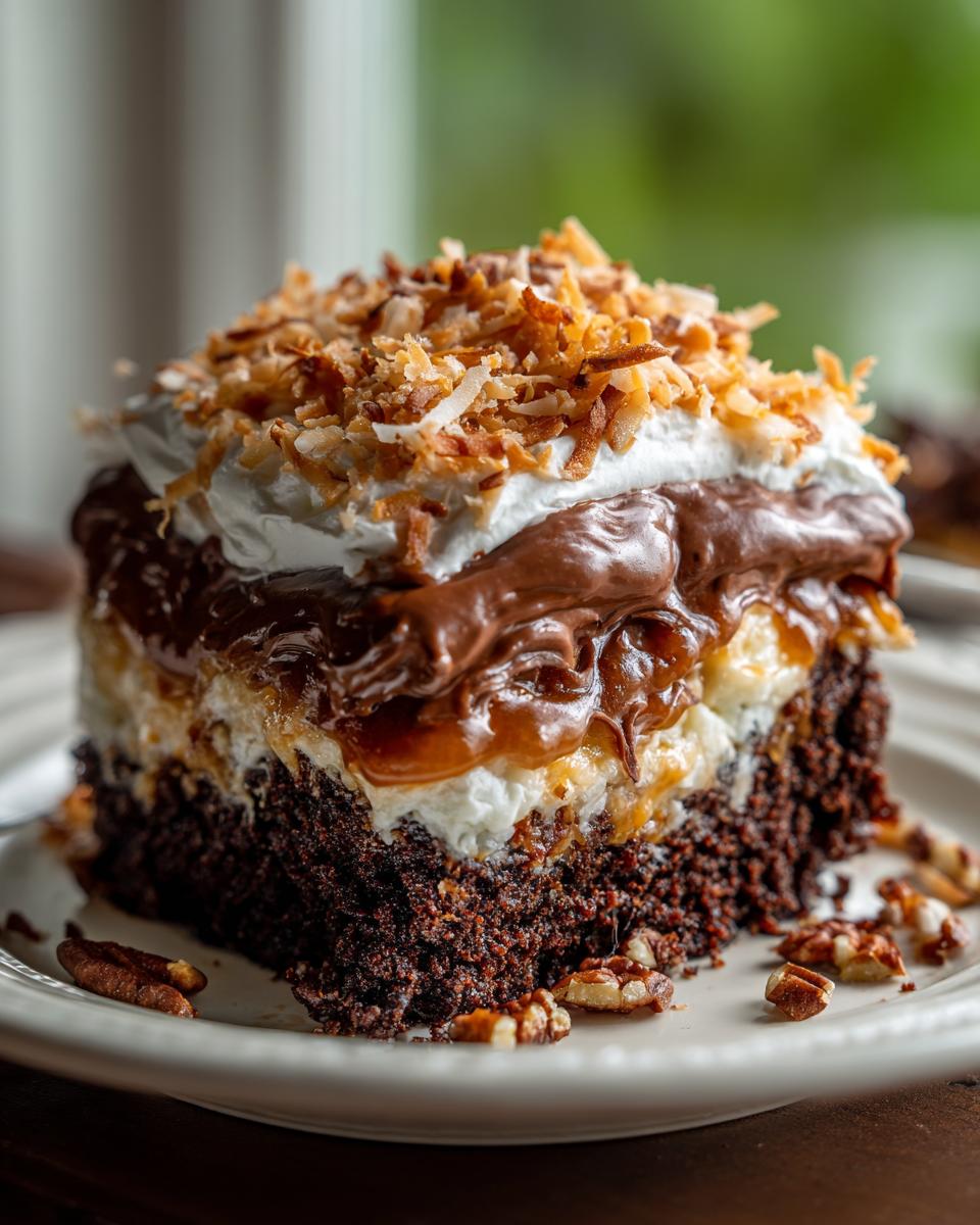 A rich slice of german chocolate poke cake layered with chocolate, cream, and toasted coconut.