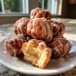 A stack of golden brown, glazed apple fritter bites, with one broken open showing the fluffy interior.