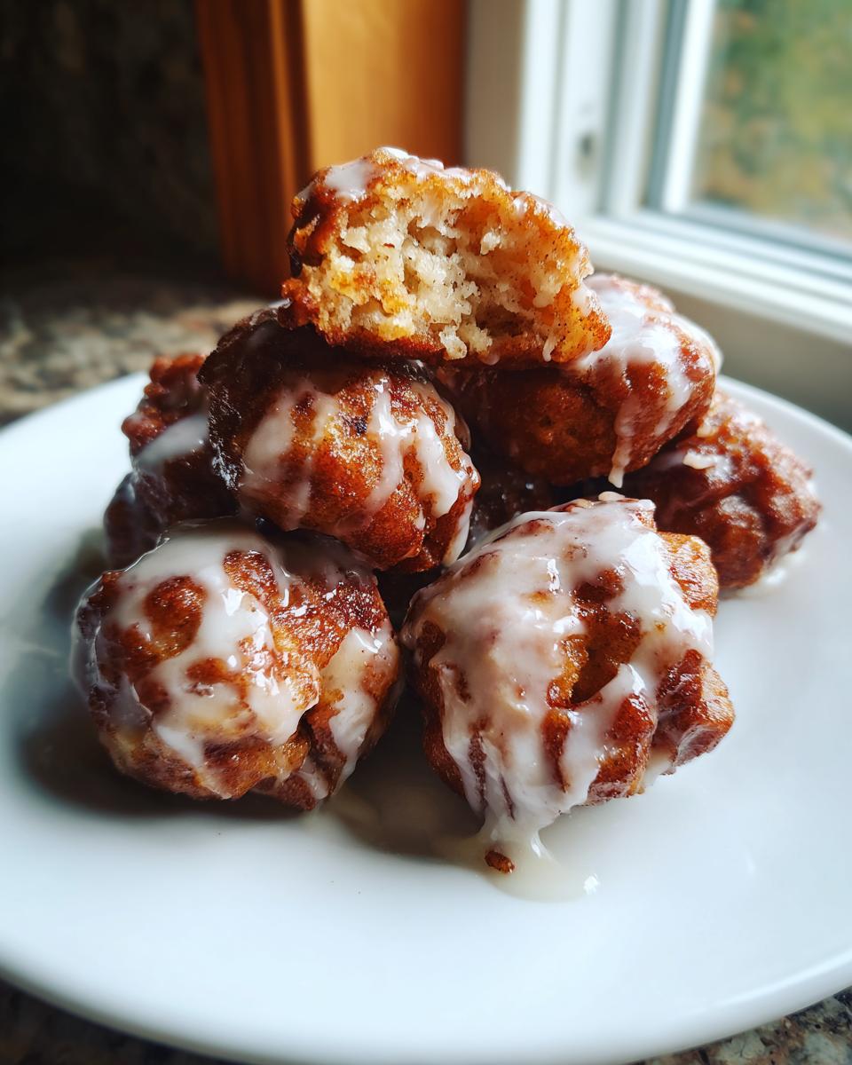 Stack of golden brown apple fritter bites drizzled heavily with white vanilla glaze.