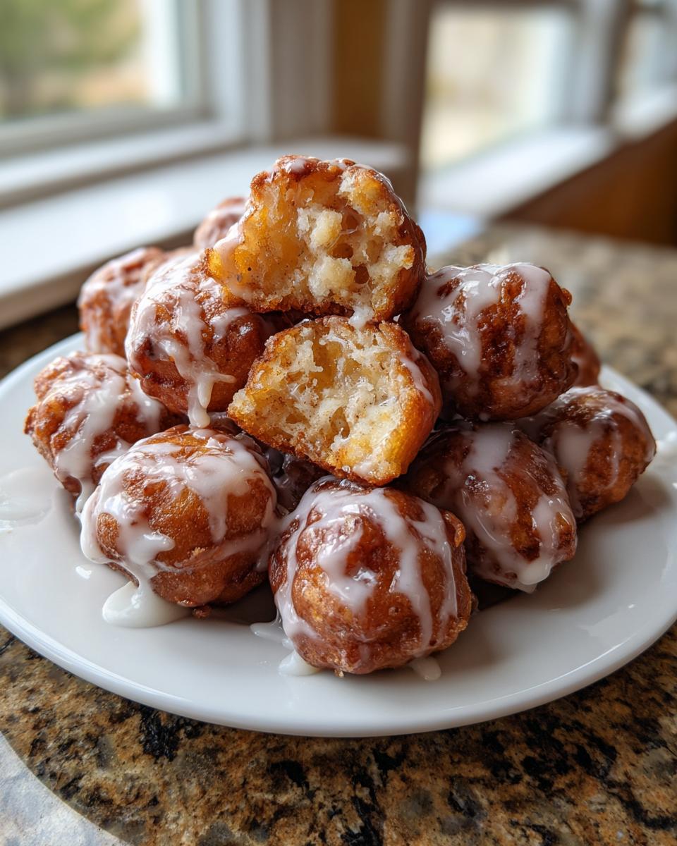 A stack of golden brown, glazed apple fritter bites piled high on a white plate, one is broken open showing the soft interior.