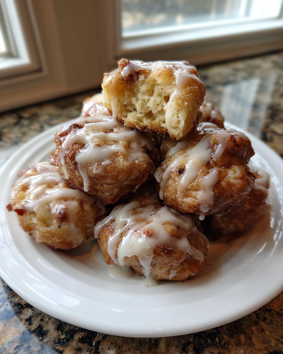 A stack of warm, glazed apple fritter bites piled high on a white plate, one is broken open showing the soft interior.