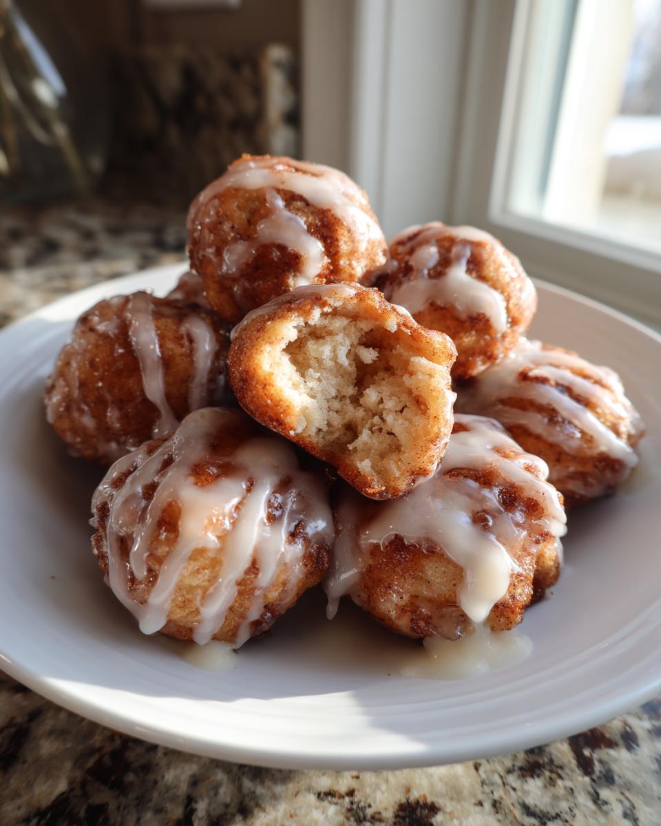 A stack of warm, cinnamon-coated apple fritter bites drizzled with white glaze, one is broken open.