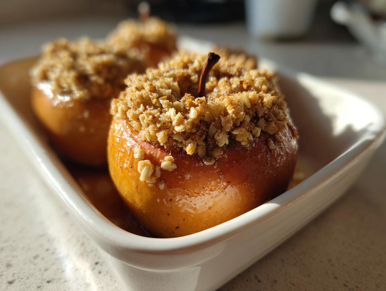 Close-up of a glistening, glazed baked apple topped with a hearty oat crumble, ready to serve.