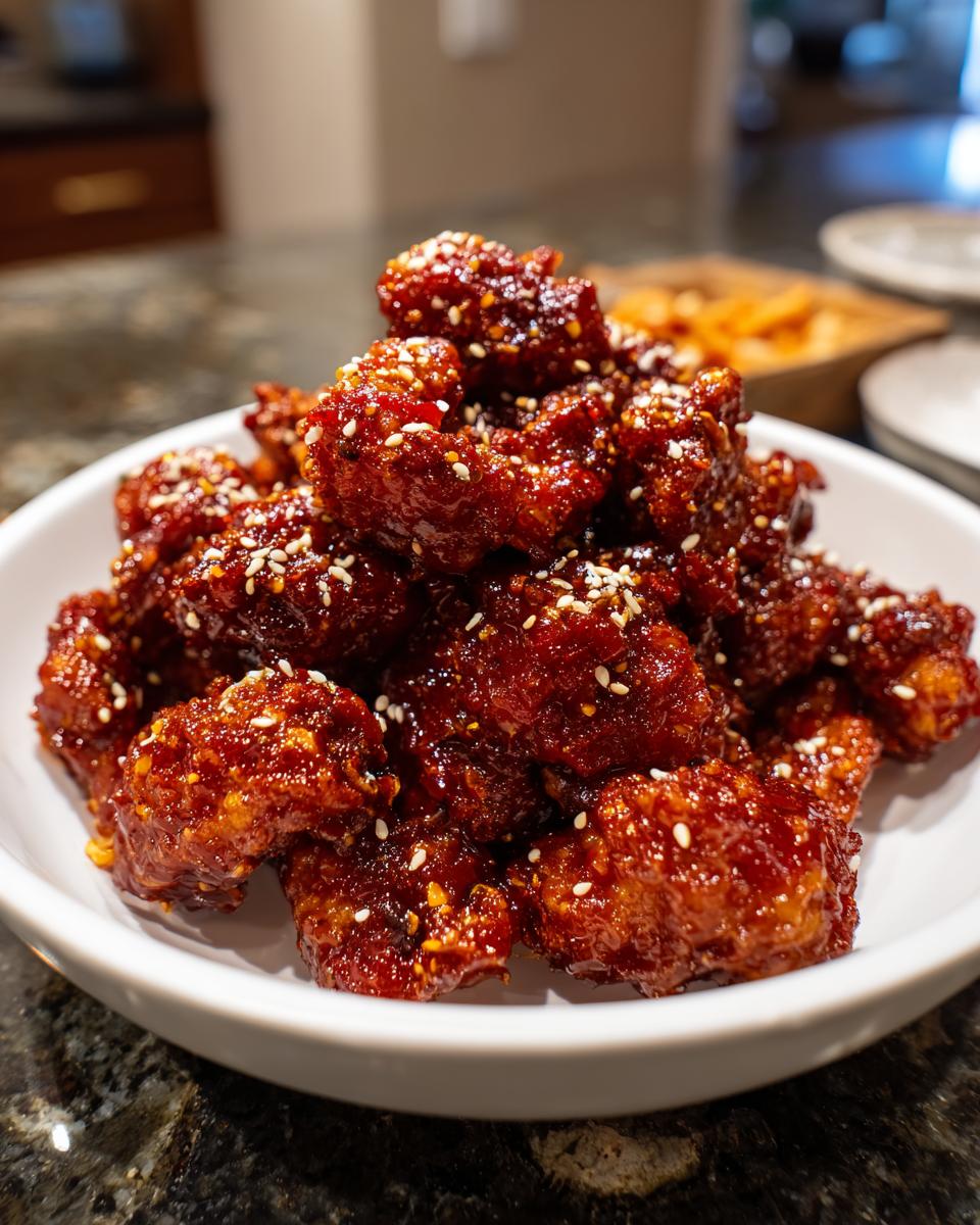 A white bowl piled high with glossy, dark red korean fried chicken pieces, sprinkled with white sesame seeds.