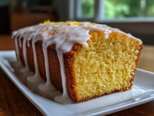 A moist, yellow crumb lemon loaf cake topped with thick white glaze and lemon zest.