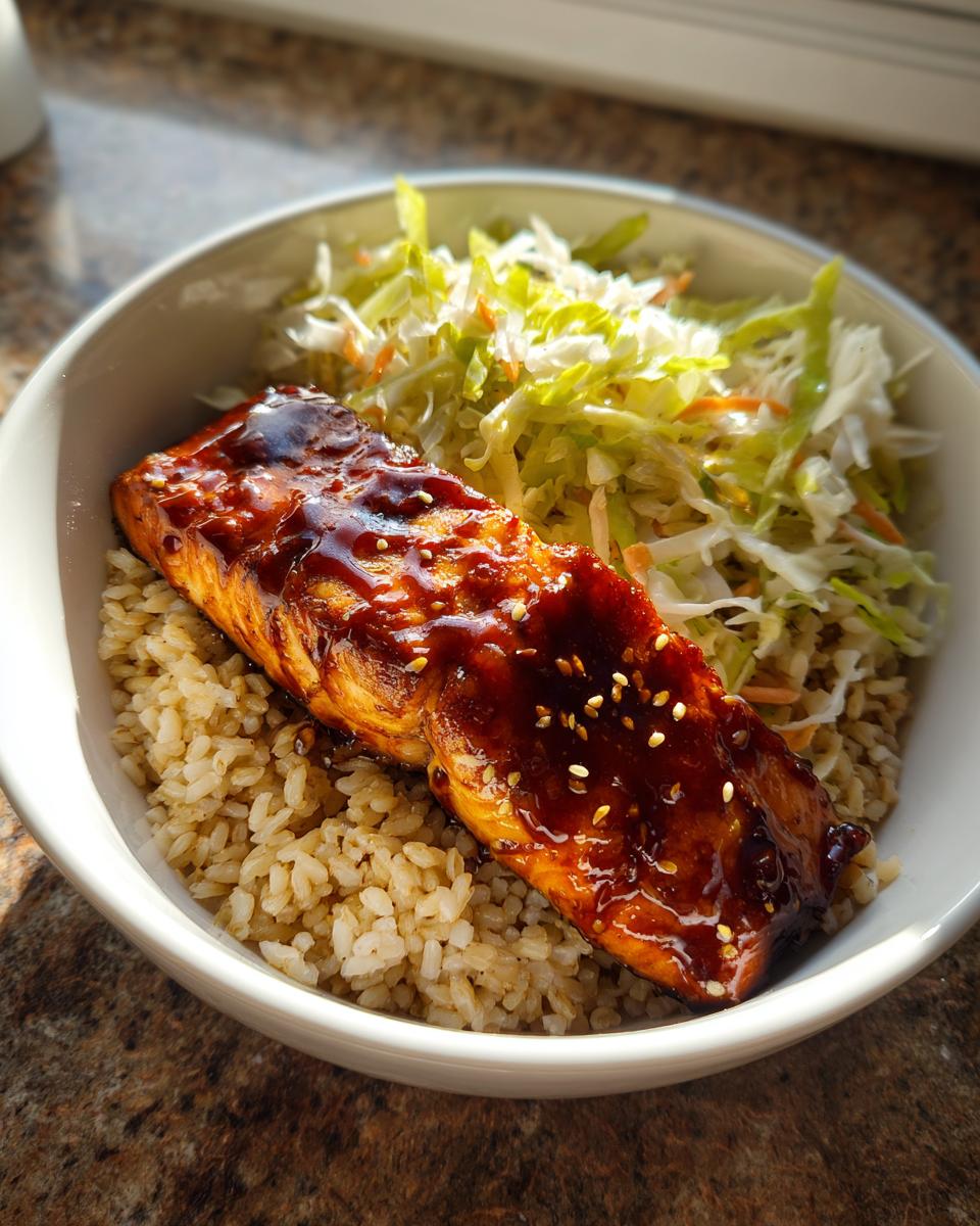 A close-up of a delicious salmon bowl featuring glazed salmon over brown rice and shredded cabbage slaw.