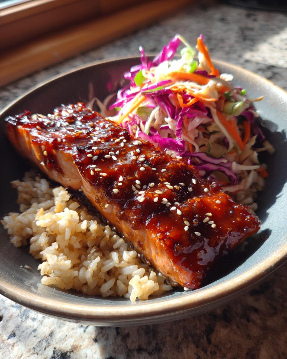 A close-up of a delicious salmon bowl featuring glazed salmon over brown rice and a colorful slaw.
