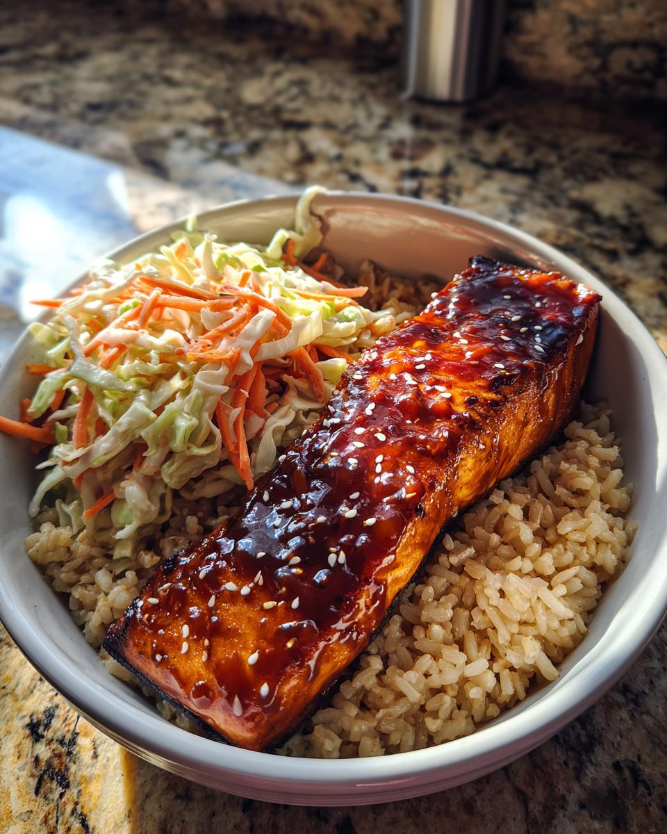 Close-up of a delicious salmon bowl featuring glazed salmon, brown rice, and coleslaw.