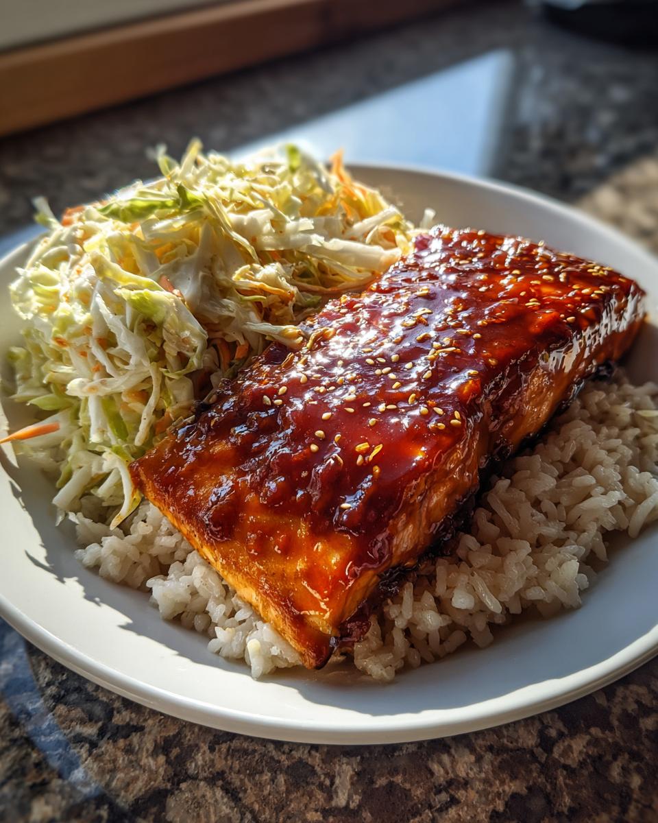 A perfectly cooked salmon bowl featuring a piece of glazed salmon over rice with a side of coleslaw.