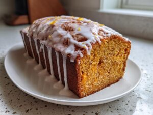 A moist, orange-hued sweet potato pound cake loaf drizzled with white icing and topped with zest.