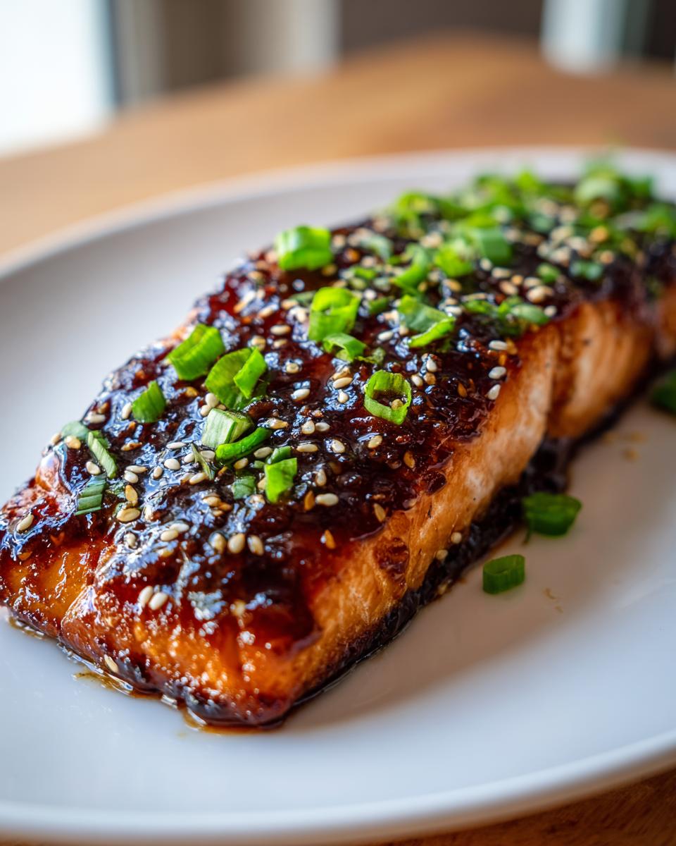 Close-up of a perfectly cooked teriyaki salmon fillet, generously glazed and topped with sesame seeds and chopped green onions.