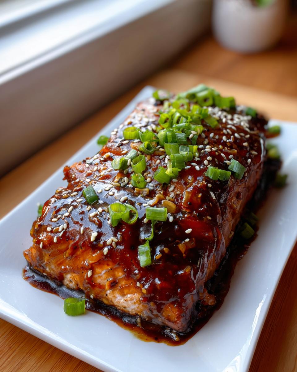 A close-up of a perfectly cooked fillet of teriyaki salmon, generously coated in a dark, glossy sauce and topped with sesame seeds and chopped green onions.