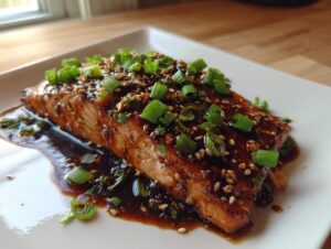 A perfectly cooked fillet of teriyaki salmon, glazed with sauce, topped with sesame seeds and chopped green onions.