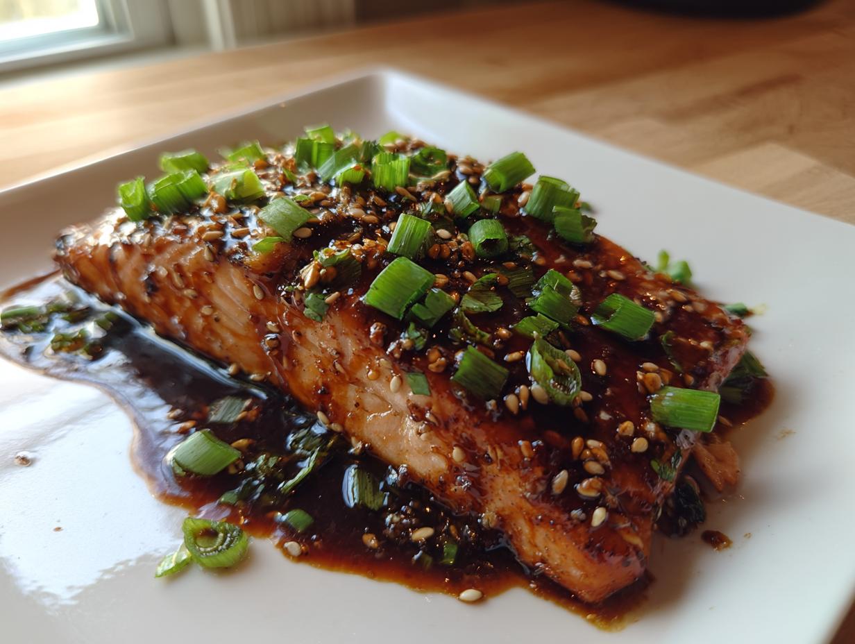 A perfectly cooked fillet of teriyaki salmon, glazed with sauce, topped with sesame seeds and chopped green onions.