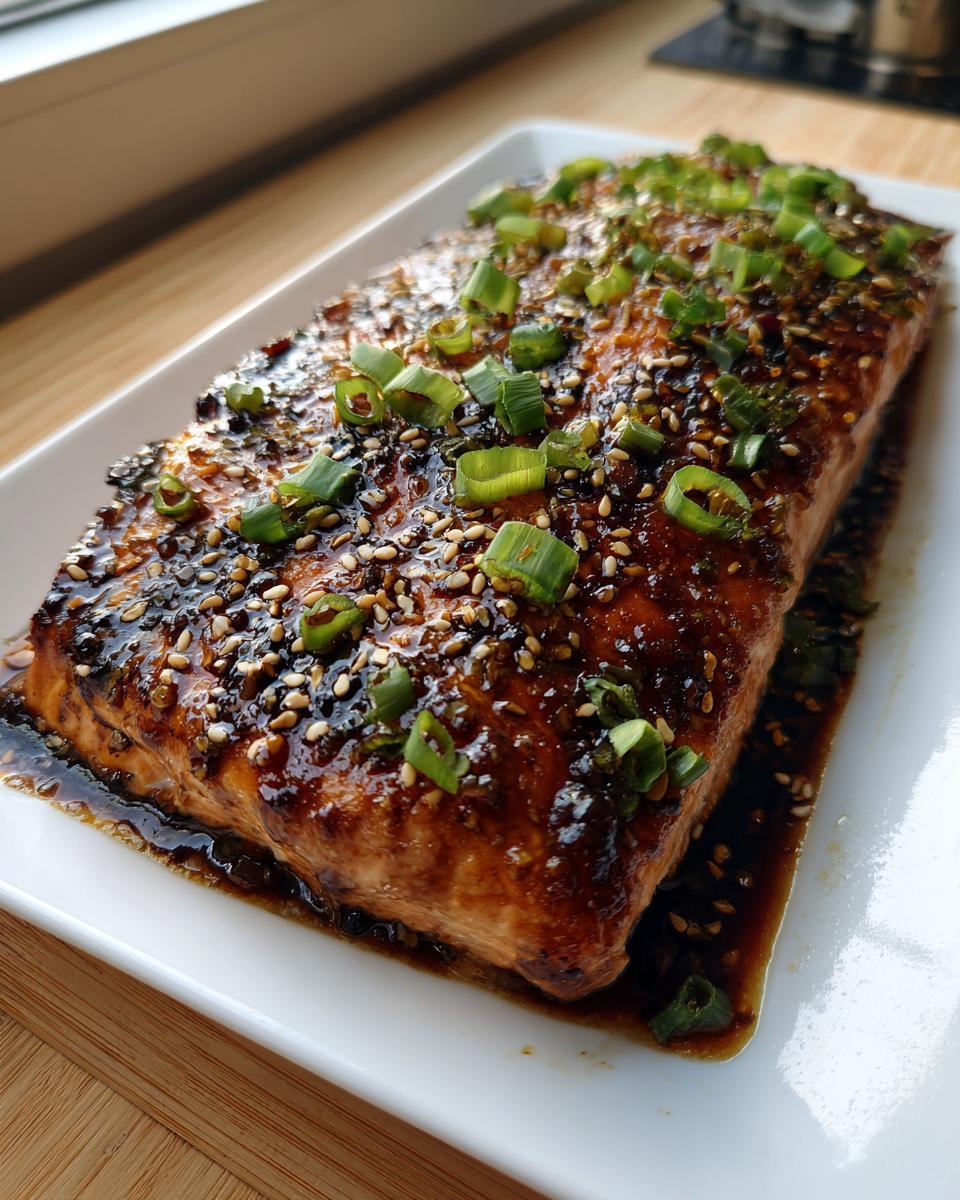 A beautiful fillet of teriyaki salmon, glazed and topped with sesame seeds and chopped green onions.