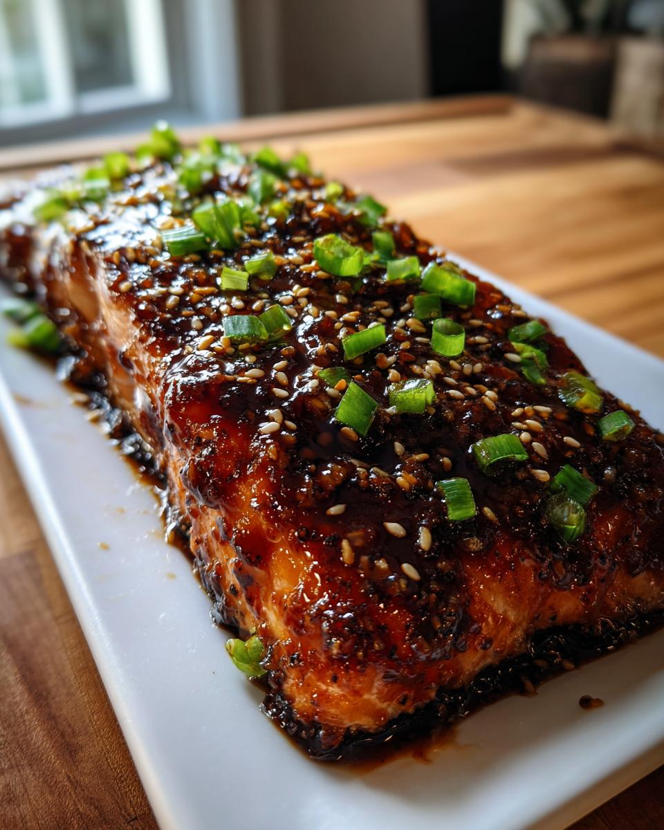 A thick fillet of rich, glazed teriyaki salmon topped with sesame seeds and chopped green onions.