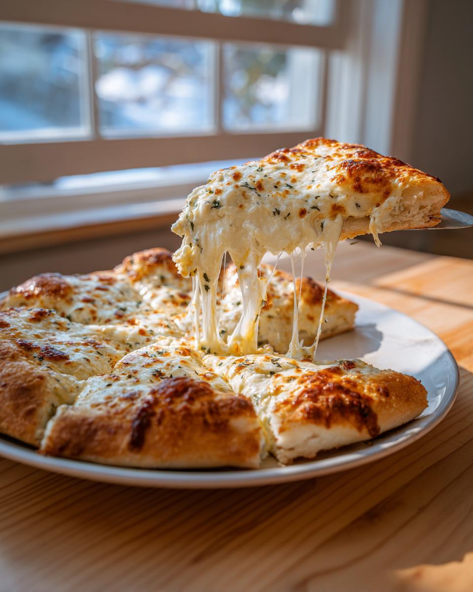 A slice of delicious white pizza is lifted, showing extreme cheese pull and herbs, served on a plate.