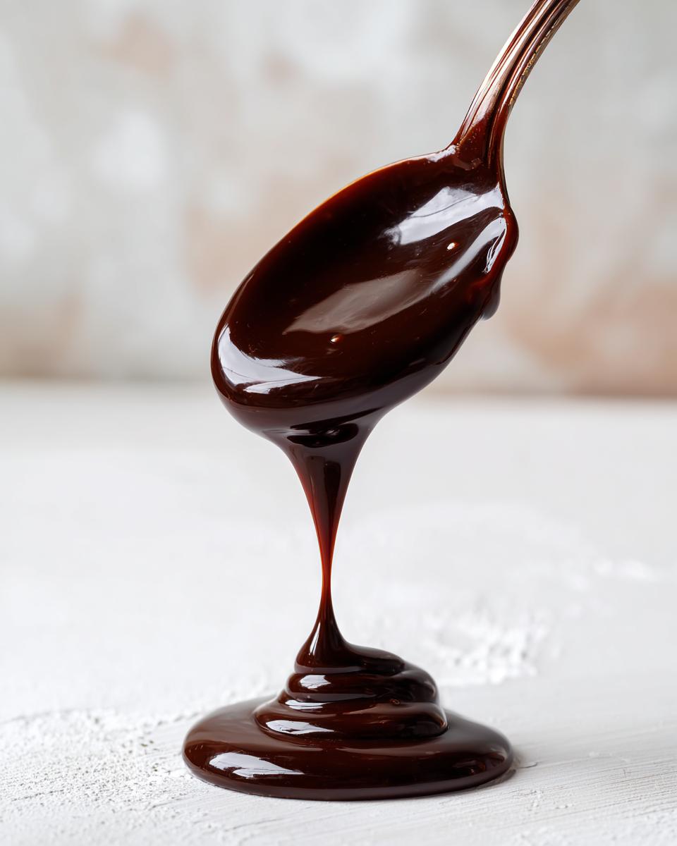 Close-up of thick, glossy chocolate sauce recipe dripping from a spoon onto a white surface.