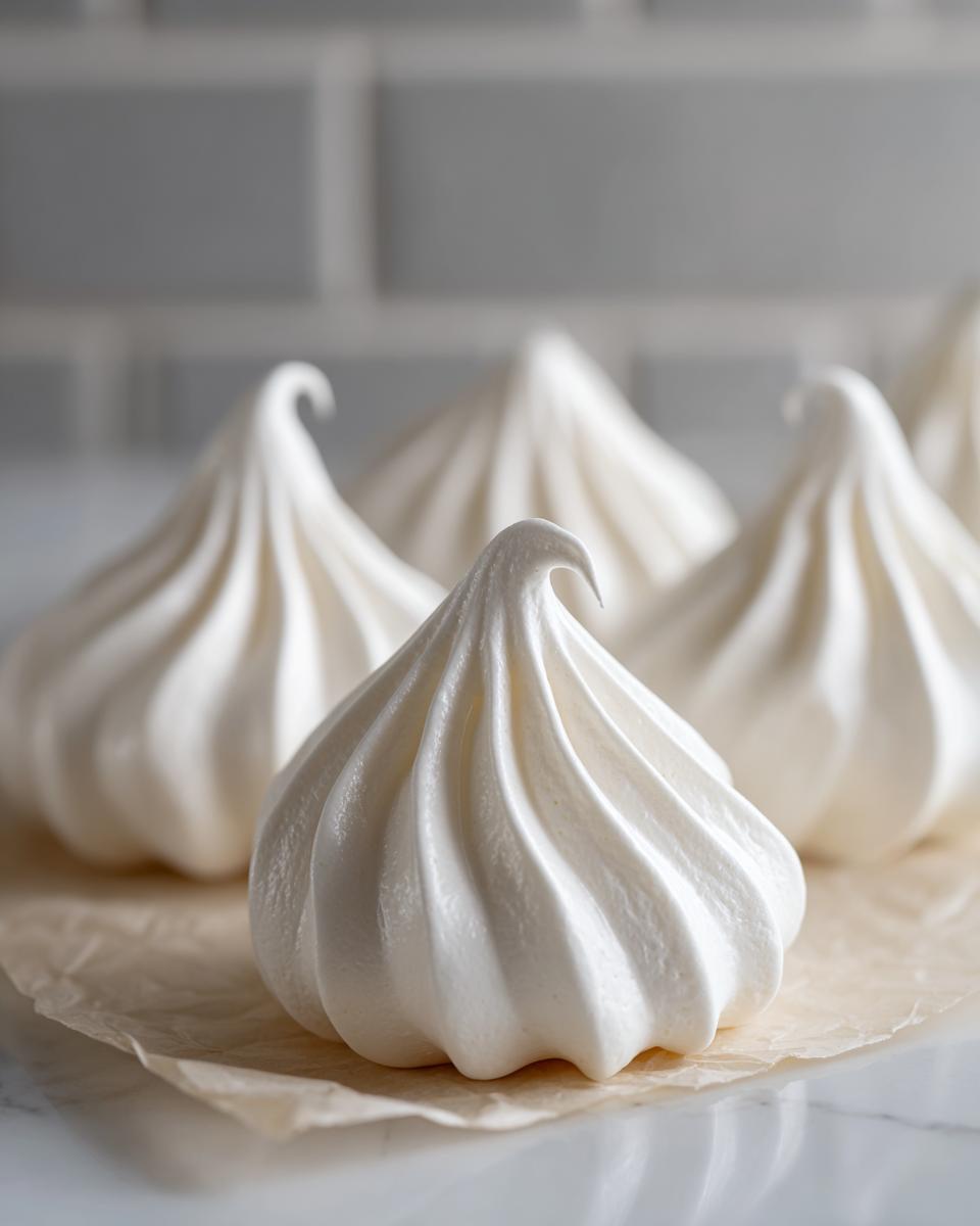 Close-up of glossy, white meringue cookies piped into elegant swirls resting on parchment paper.