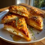 Four golden-brown puff pastry triangles filled with creamy goat cheese and honey bites, garnished with thyme.
