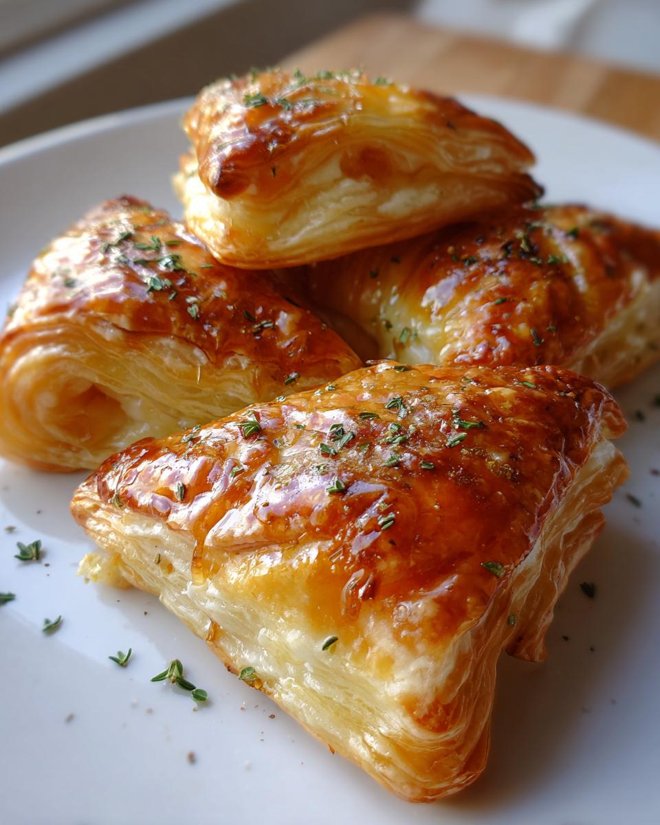 Four golden, flaky puff pastry squares, glazed and sprinkled with herbs, representing goat cheese and honey bites.