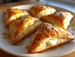 Four golden puff pastry triangles filled with white goat cheese and drizzled with honey, garnished with thyme.