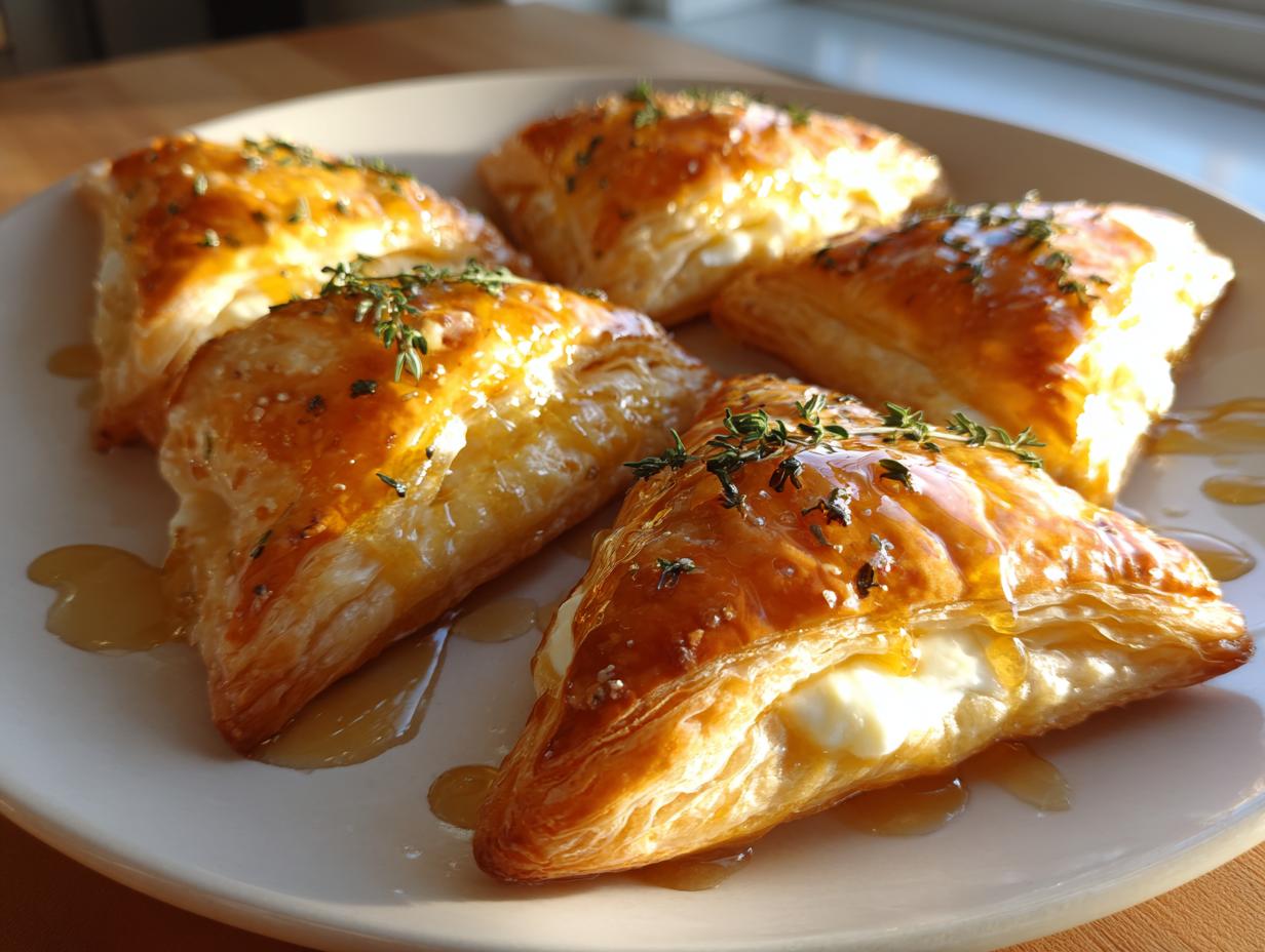 Four golden puff pastry triangles filled with white goat cheese and drizzled with honey, garnished with thyme.