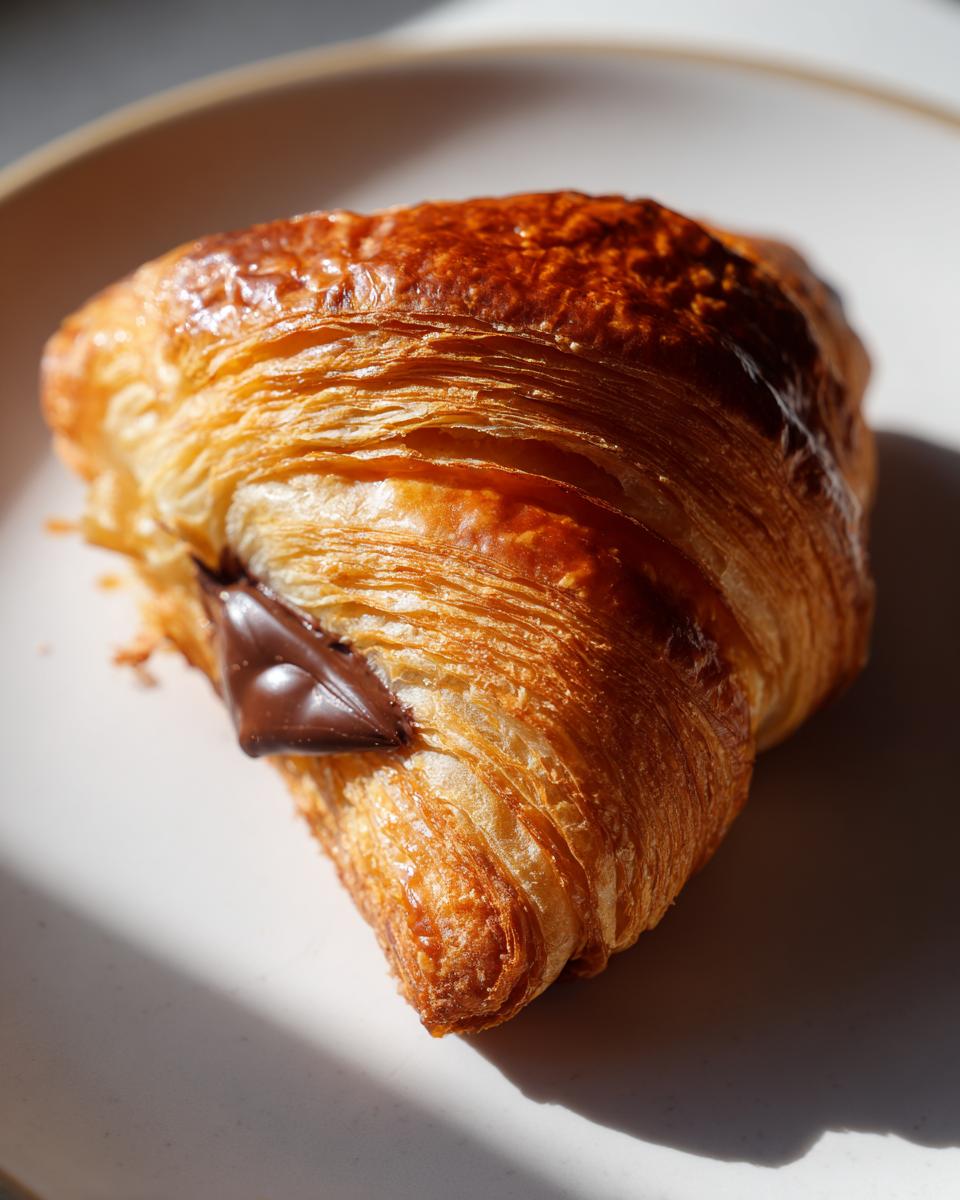 Close-up of a flaky, golden-brown chocolate croissant with melted chocolate peaking out on a light plate.