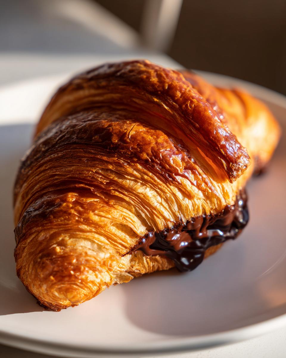 Close-up of a flaky, golden brown chocolate croissant with rich melted chocolate oozing out the side.