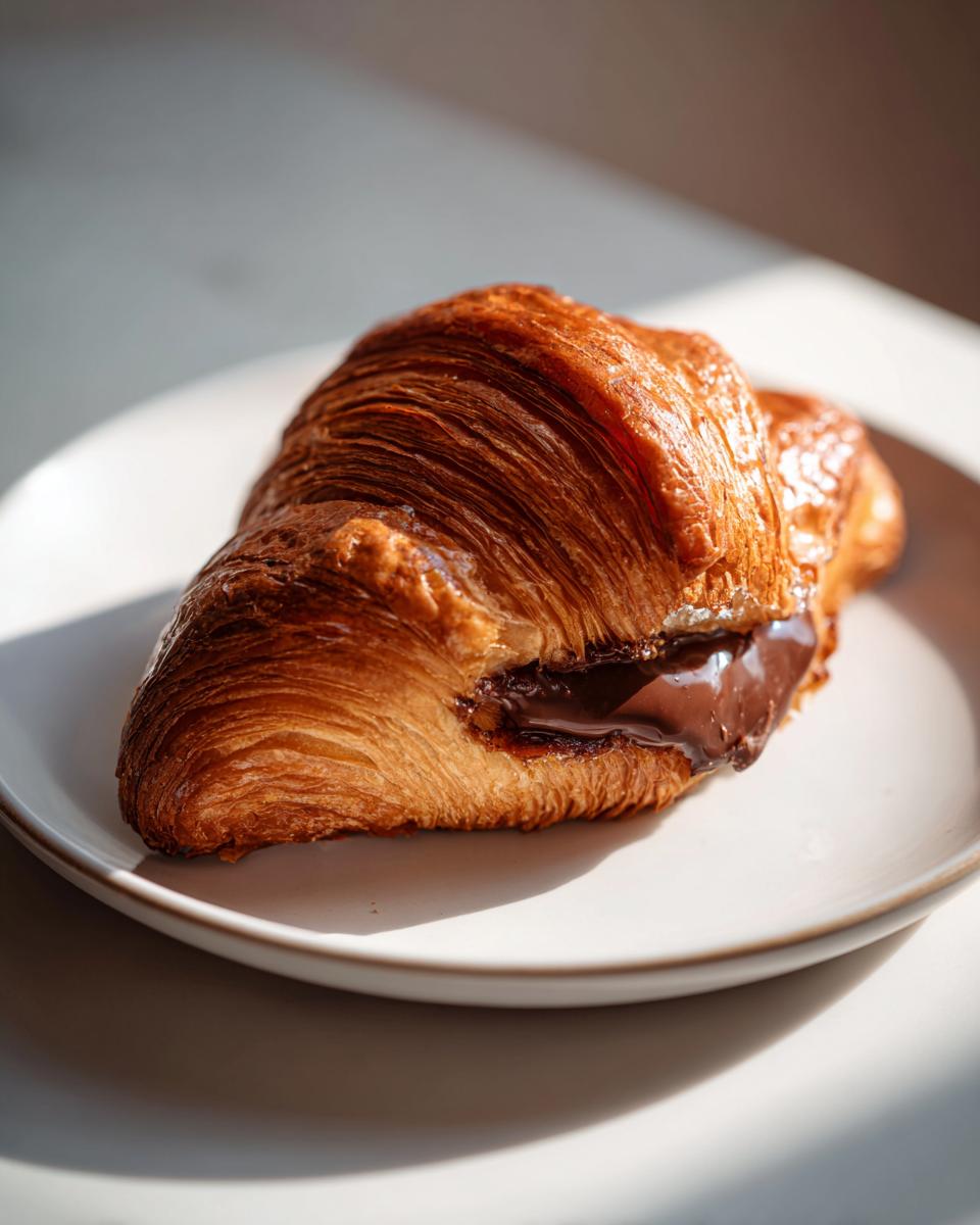 A perfectly baked, flaky chocolate croissant with melted chocolate oozing out, resting on a white plate.