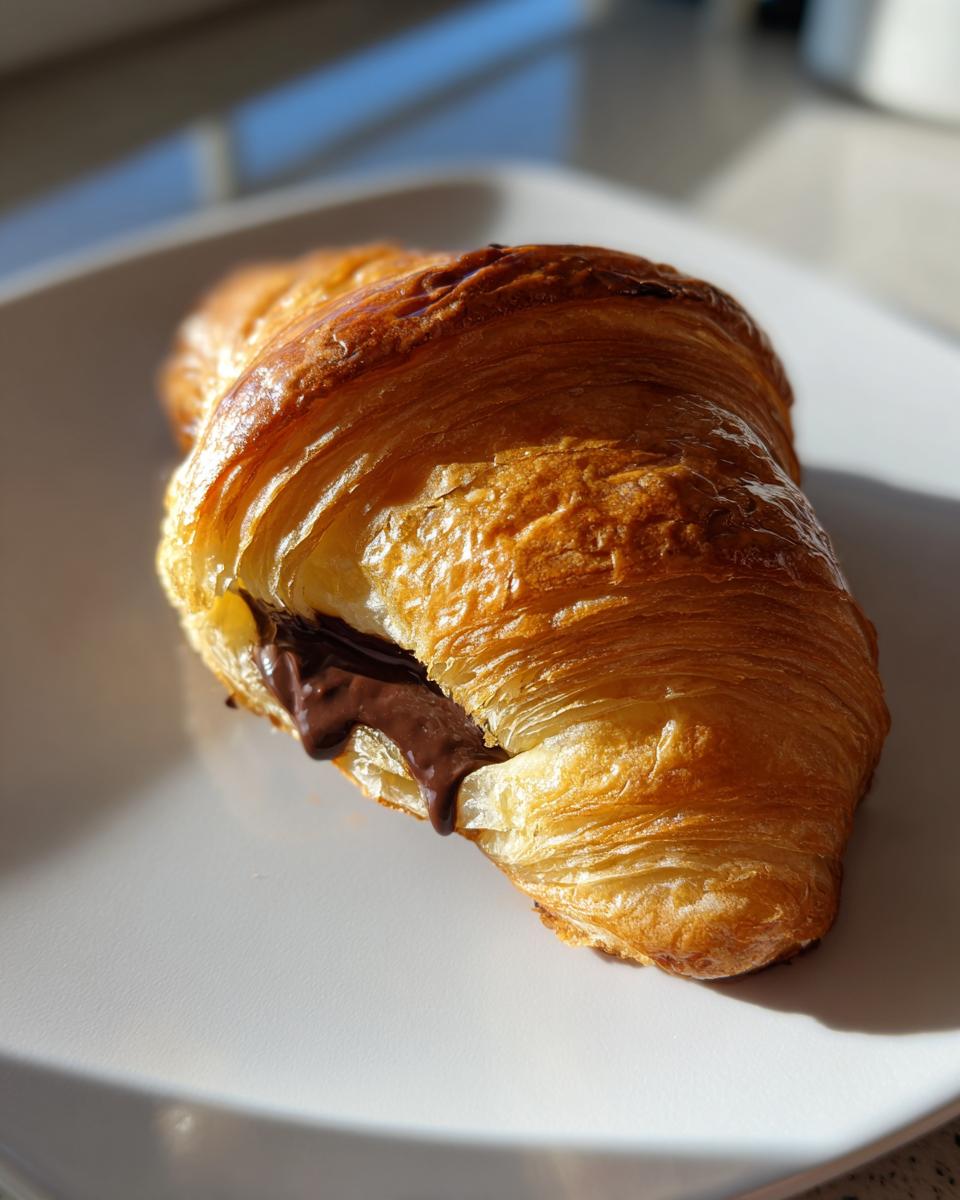 A flaky, golden brown chocolate croissant sitting on a white plate with melted chocolate oozing out.