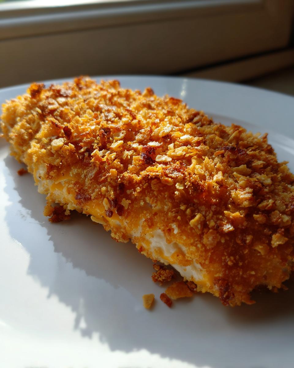 Close-up of a perfectly baked crispy cheddar chicken fillet with a crunchy, golden-brown topping on a white plate.