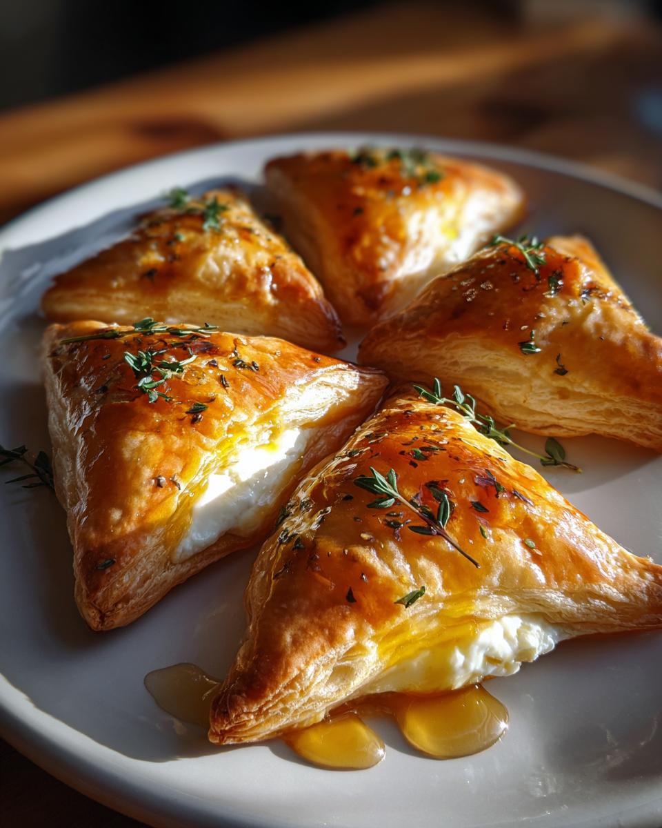 Four golden brown puff pastry triangles filled with creamy goat cheese and drizzled with honey, served as goat cheese and honey bites.