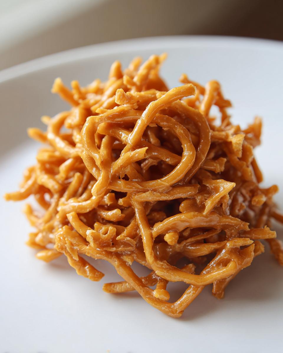 A close-up shot of a small cluster of golden brown, glossy haystack cookies on a white plate.