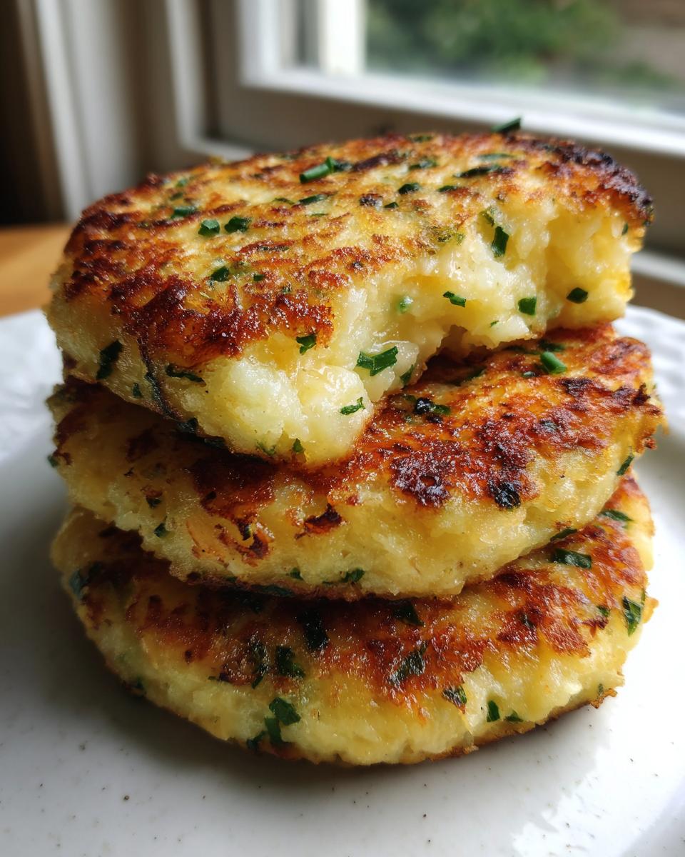 A stack of three golden brown, pan-fried mashed potato cakes garnished with fresh green chives.
