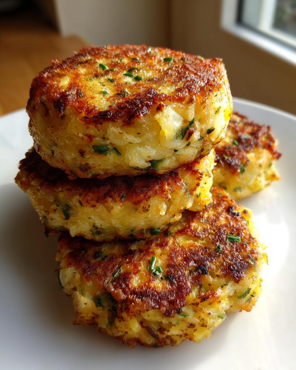 A stack of three perfectly pan-fried mashed potato cakes, golden brown and sprinkled with chives.