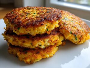 A stack of four perfectly pan-fried, golden brown mashed potato cakes garnished with herbs.