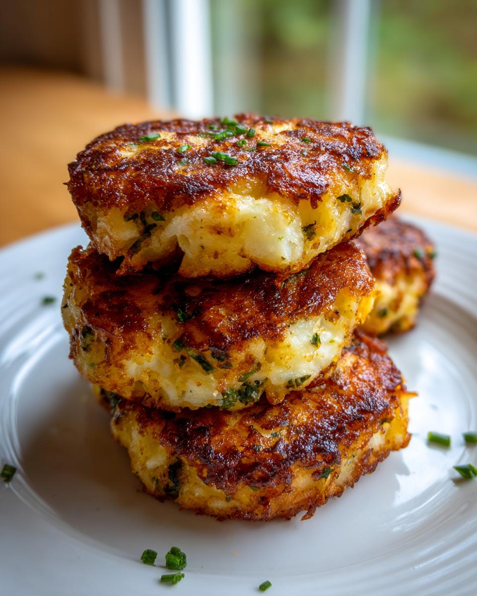 A stack of three golden-brown, pan-fried mashed potato cakes garnished with chives on a white plate.