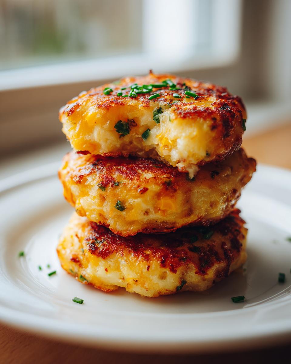 A stack of three golden brown, pan-fried mashed potato cakes topped with fresh green chives.