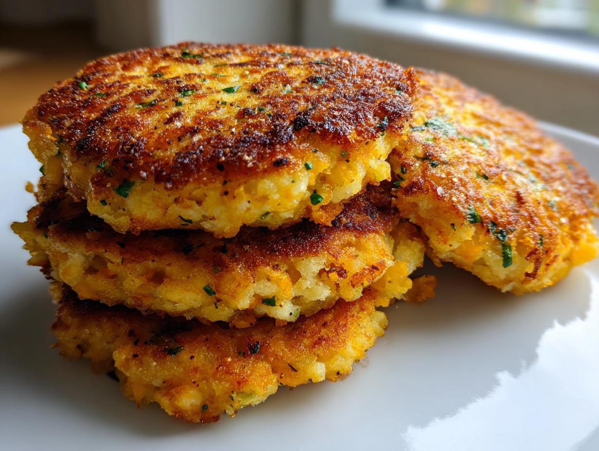 A stack of four perfectly pan-fried, golden brown mashed potato cakes garnished with herbs.