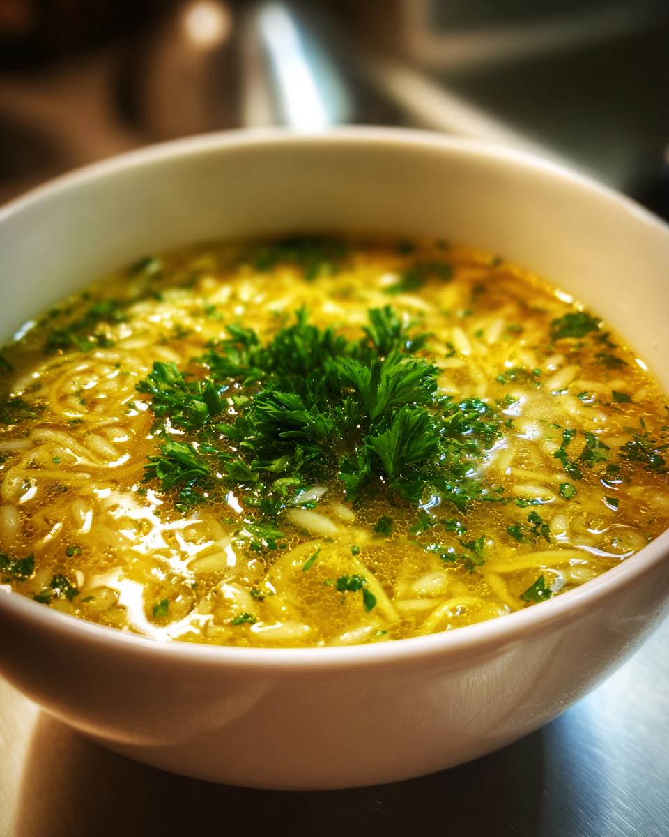 Close-up of a white bowl filled with golden broth pastina soup, topped with fresh parsley.