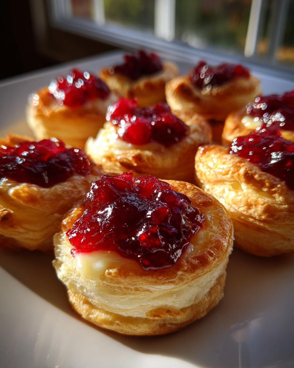 Close-up of several golden baked brie bites made with puff pastry, melted brie, and topped with bright red cranberry jam.