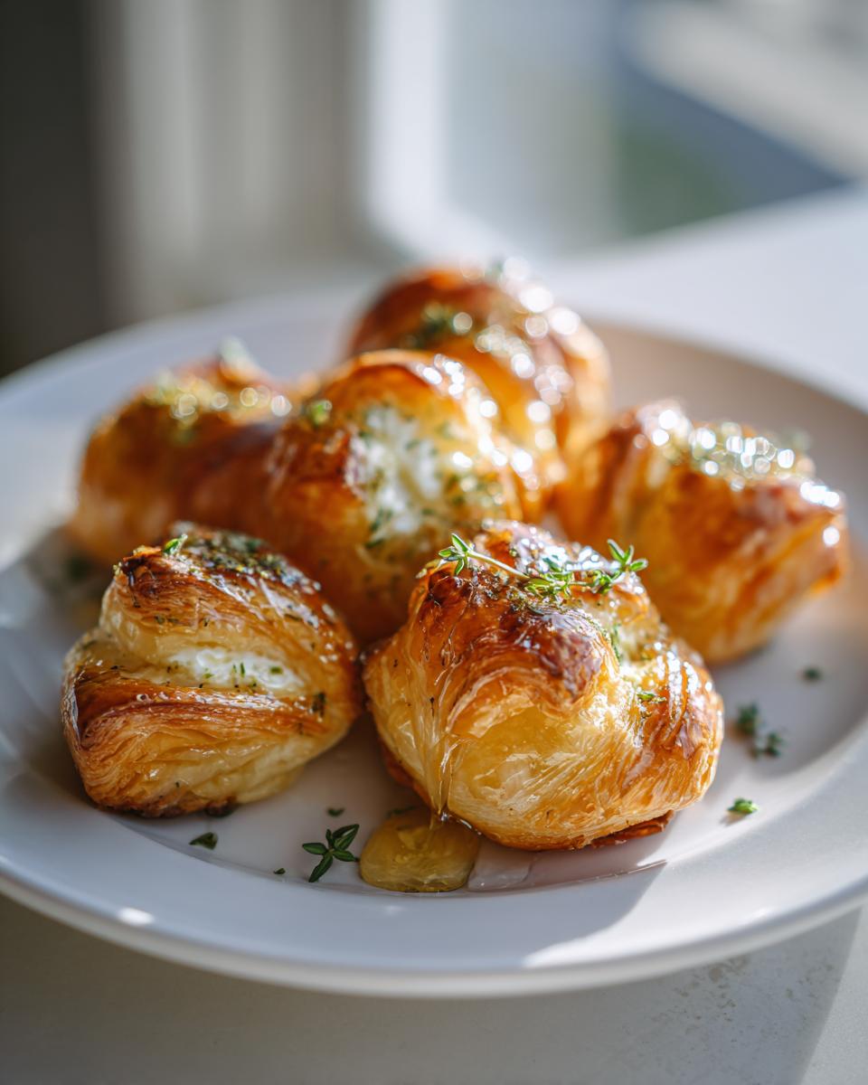 Close-up of several golden, flaky puff pastry goat cheese and honey bites drizzled with honey and topped with thyme.
